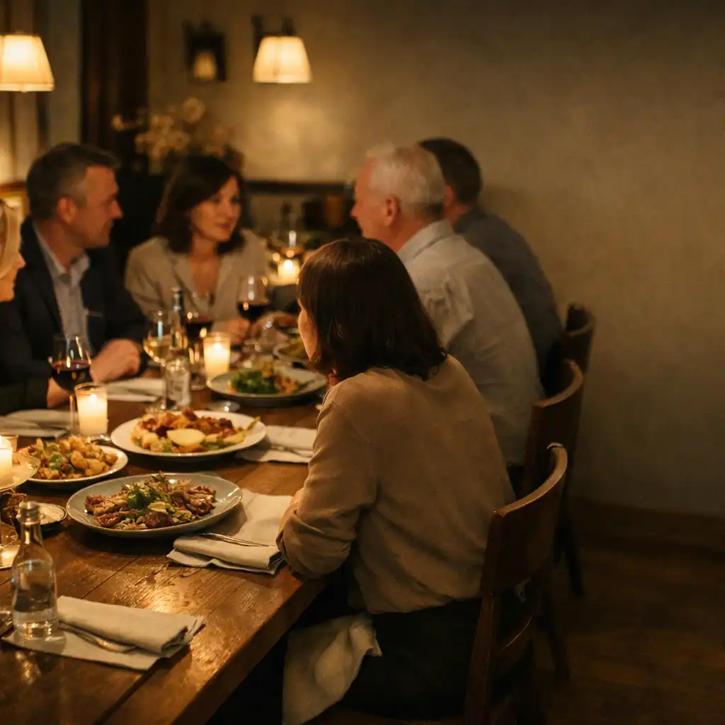 Wspólny wieczór dorosłych gości przy długim stole w restauracji