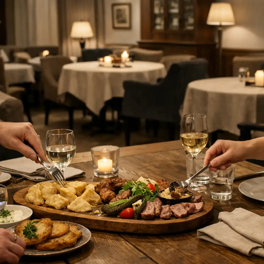 Wspólny stół z daniami, szkłem i dłońmi dorosłych gości w spokojnej restauracji