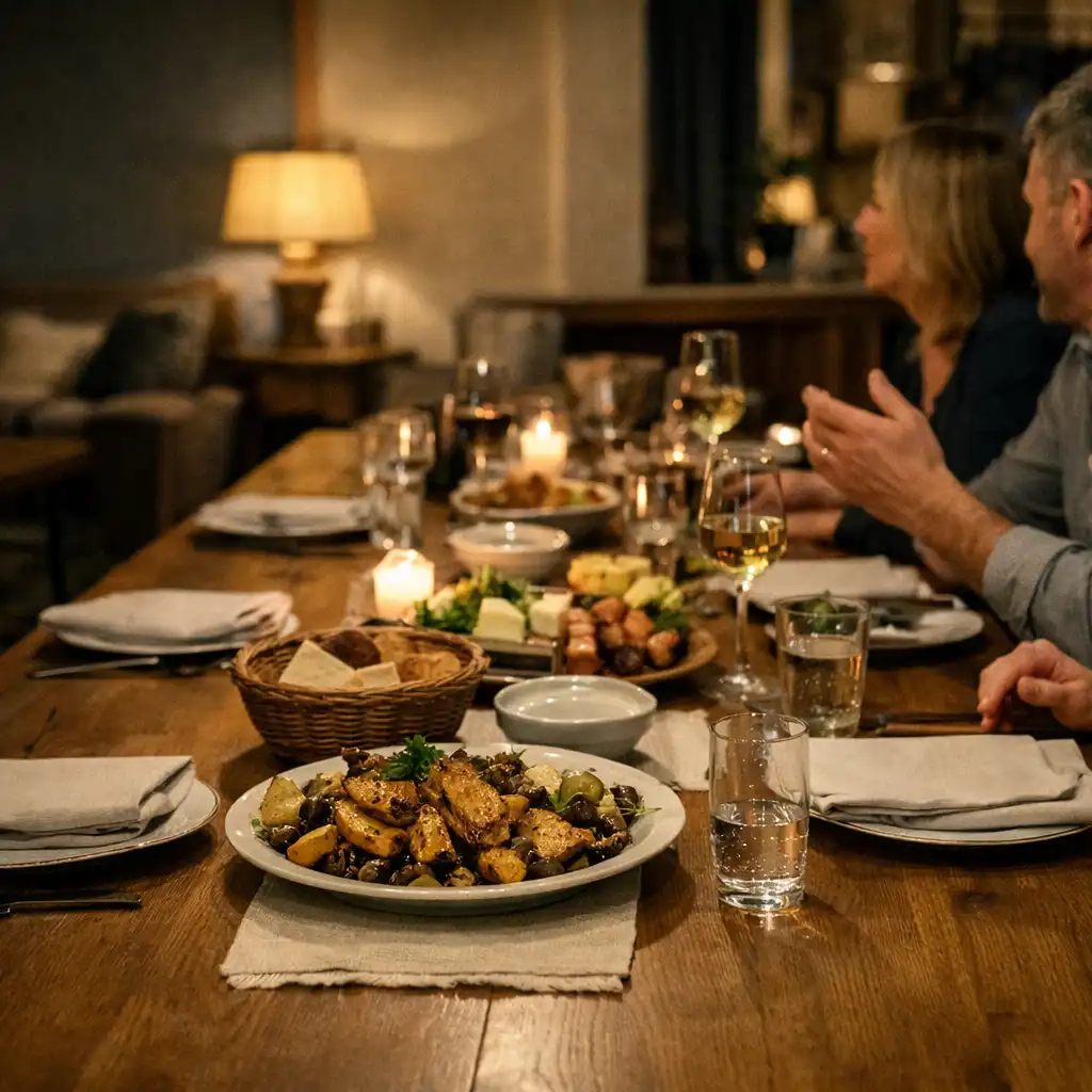 Wspólny stół z jedzeniem i rozmową w spokojnej restauracyjnej sali po zmroku